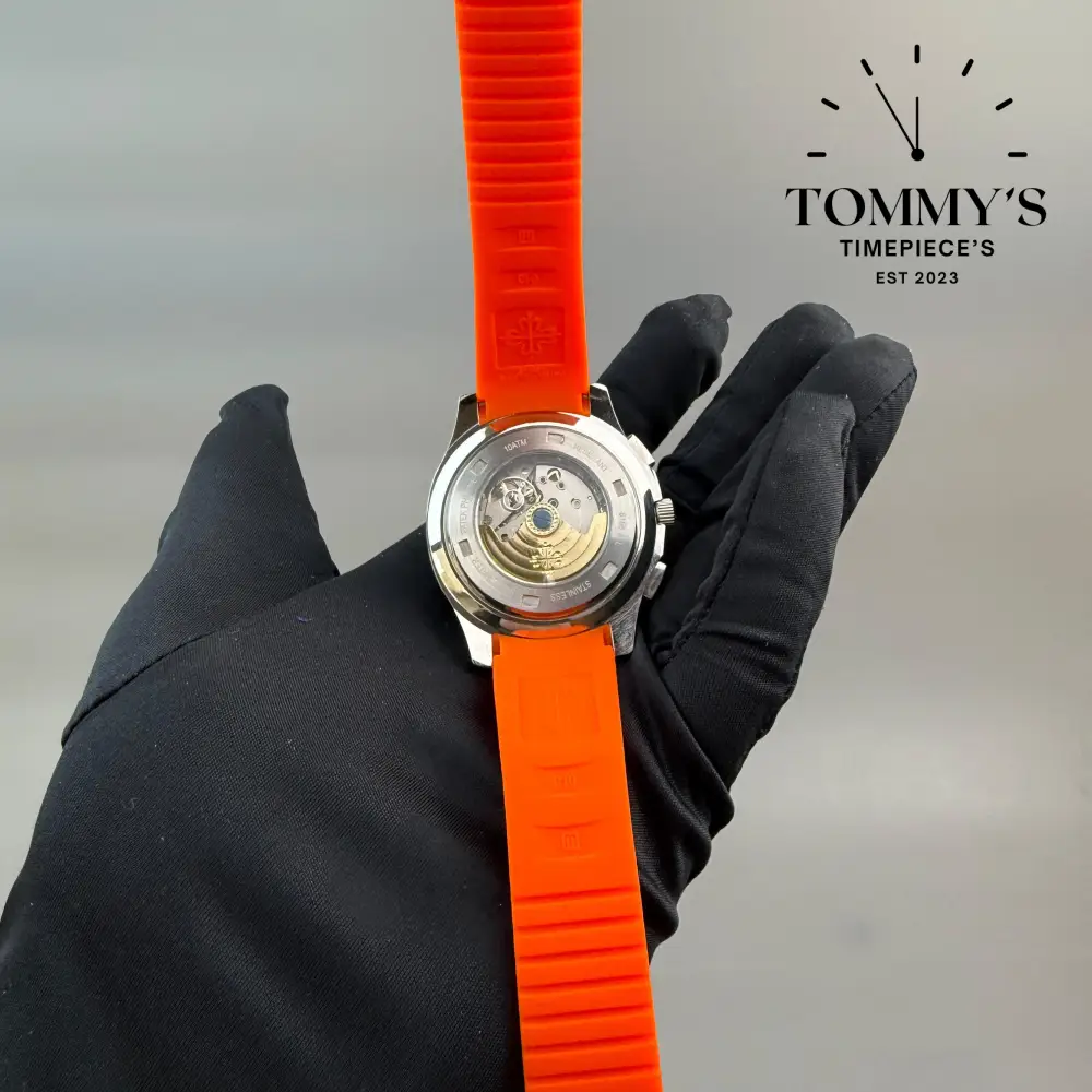 AAA+ Aquanaut, 40.8mm Black Dial-Orange Rubber Strap (Silver Bezel) - Image 5