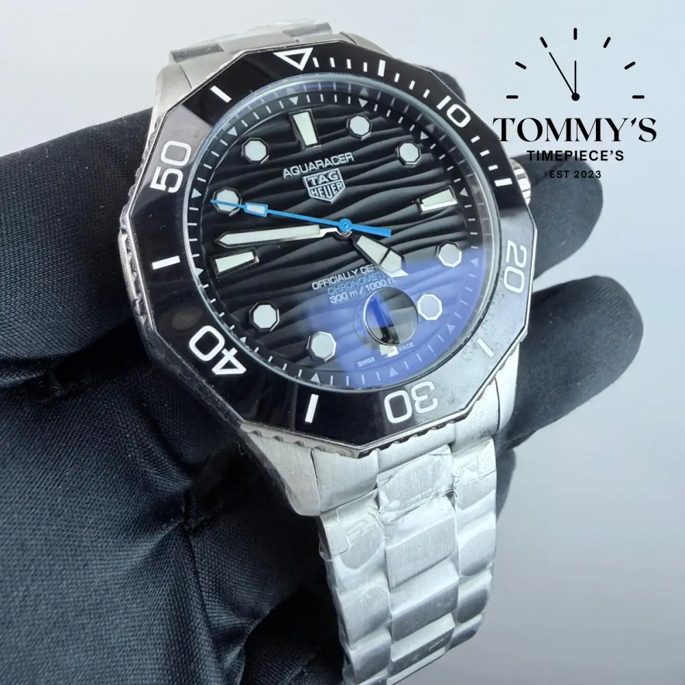 AAA+ Aquaracer Professional 300 Date Watch, 42mm Black Dial Wavy Pattern-Stainless Steel Bracelet (Black Bezel) - Image 2