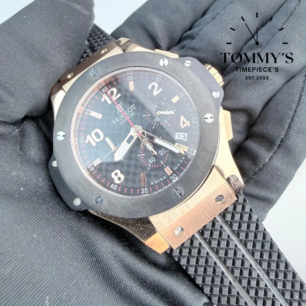 AAA+ Big Bang Rose Gold Ceramic Chronograph, 44mm Black Carbon Fiber Dial-Rubber Strap (Black Bezel) - Image 2