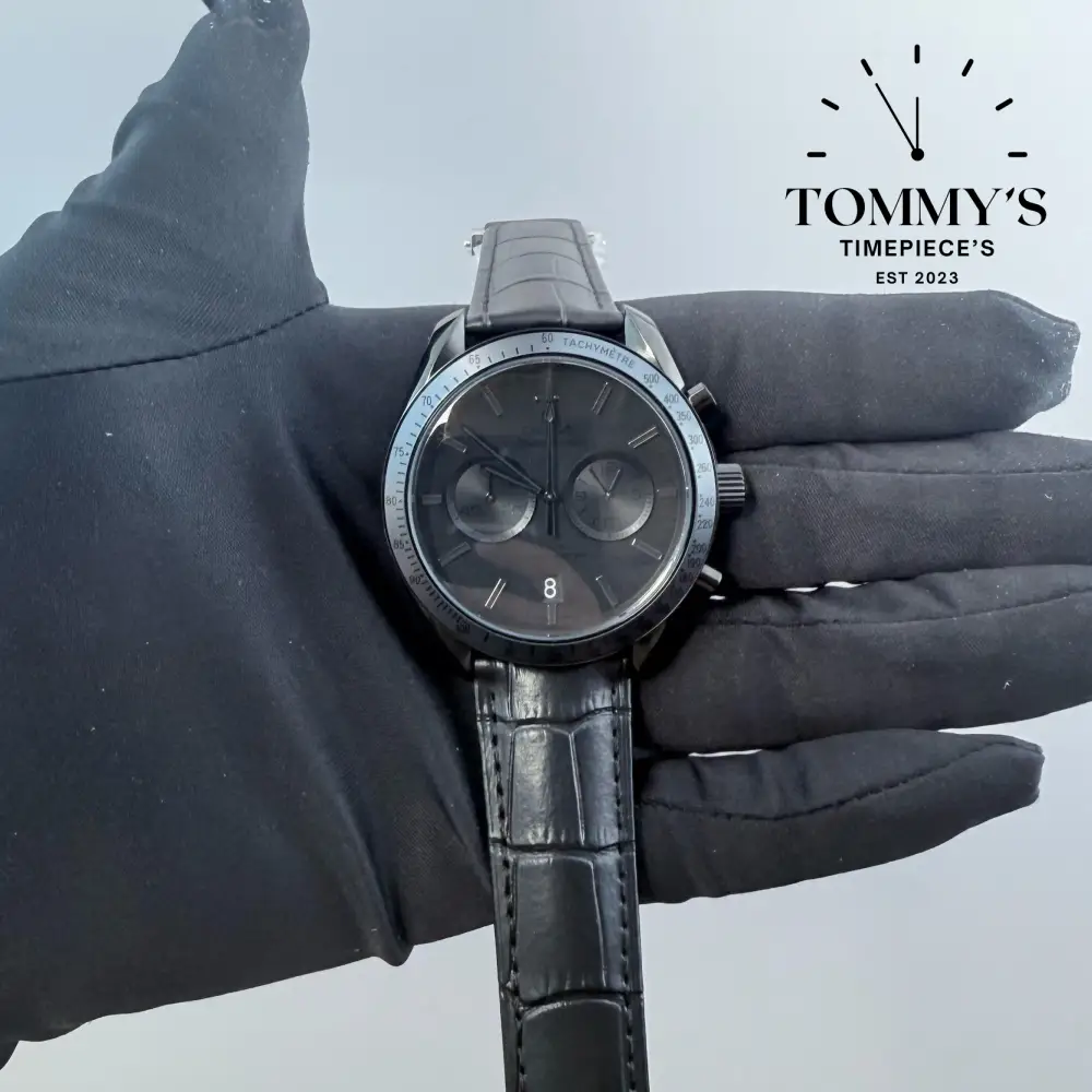 AAA+ Speedmaster Chronograph (Dark Side of the Moon), 42mm Black Dial-Leather Strap (Black Ceramic Bezel)
