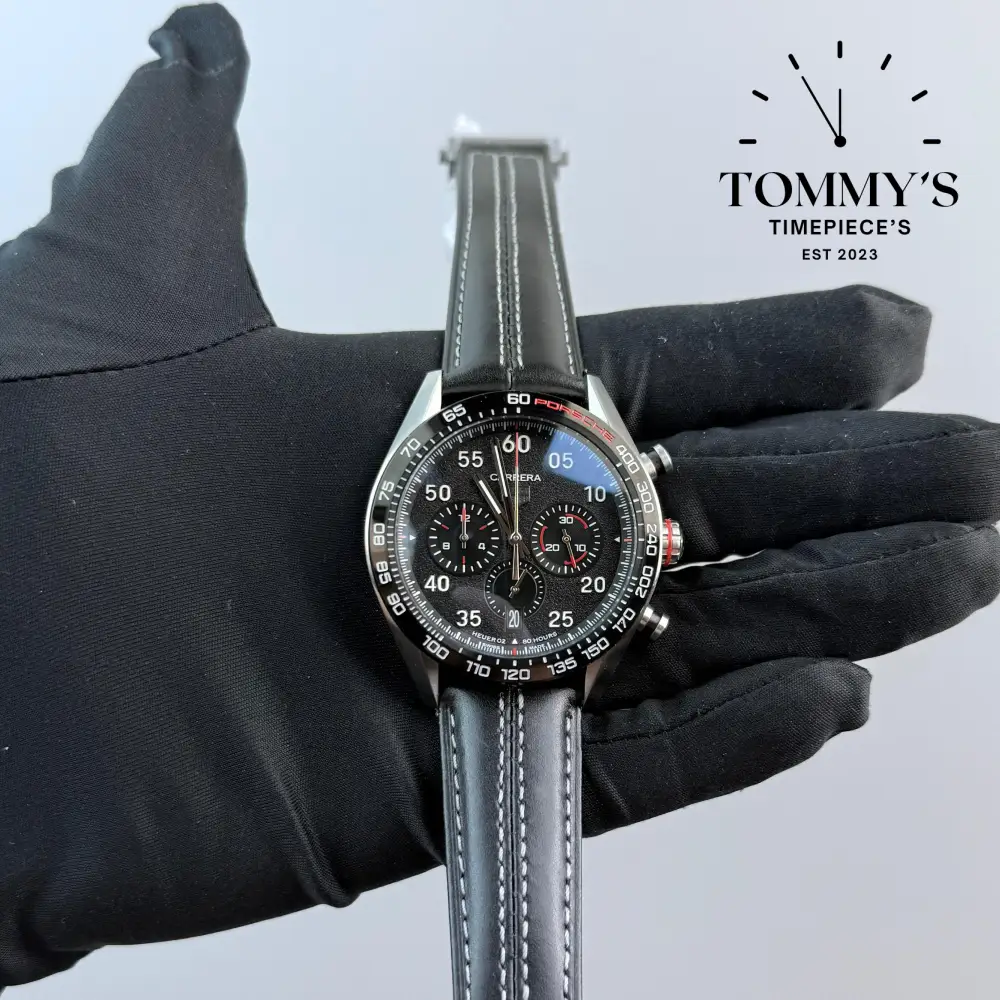 AAA+ Carrera Chronograph, 44mm Black Dial-Black Leather Strap (Black Bezel)