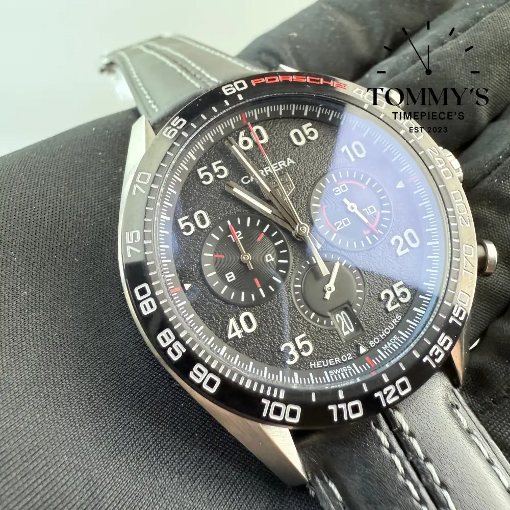 AAA+ Carrera Chronograph, 44mm Black Dial-Black Leather Strap (Black Bezel) - Image 2