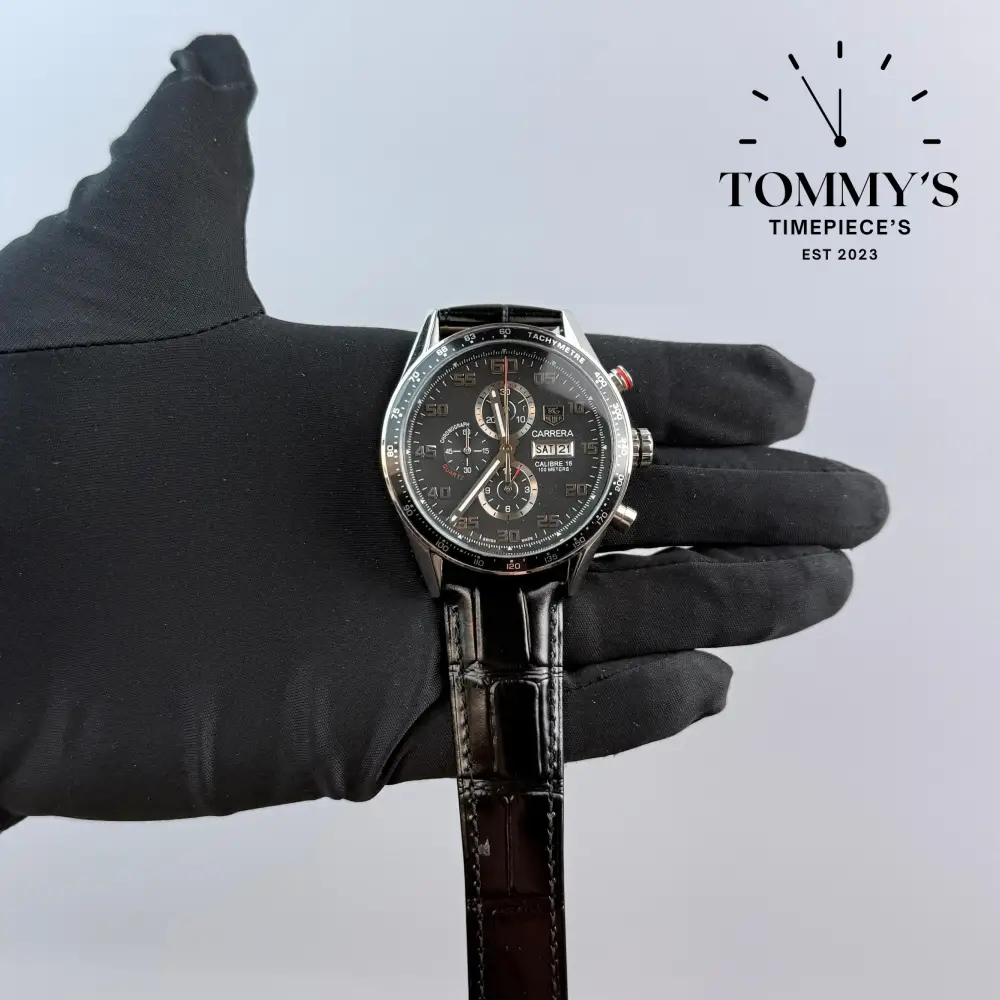 AAA+ Carrera Chronograph, 44mm Black Dial-Black Leather Strap (Black Bezel)