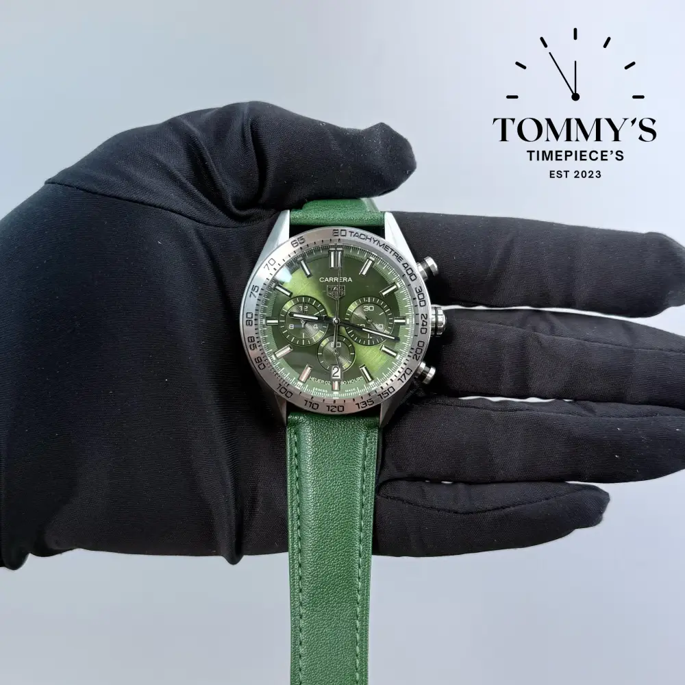 AAA+ Carrera Chronograph, 44mm Green Sunray Brushed Dial-Green Leather Strap (Silver-Colored Bezel)