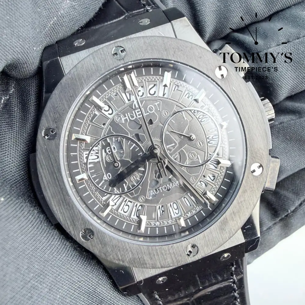 AAA+ Classic Fusion Aerofusion Black Magic, 45mm Skeletonized Dial-Leather Strap (Black Bezel) - Image 2