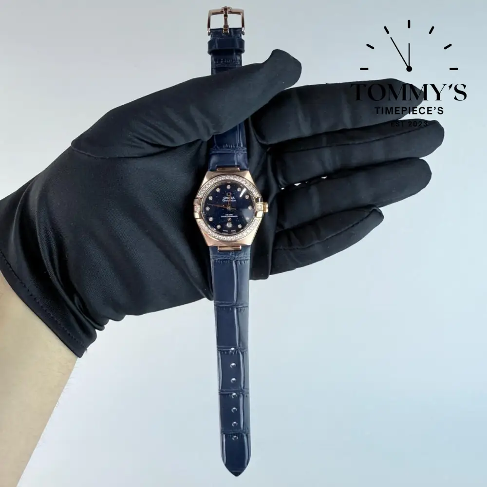 AAA+ Ladies Constellation Co-Axial Master Chronometer, 29mm Blue Aventurine Stone Dial-Leather Strap (Diamond Gold Bezel)