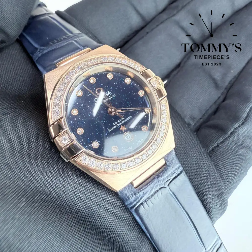 AAA+ Ladies Constellation Co-Axial Master Chronometer, 29mm Blue Aventurine Stone Dial-Leather Strap (Diamond Gold Bezel) - Image 2