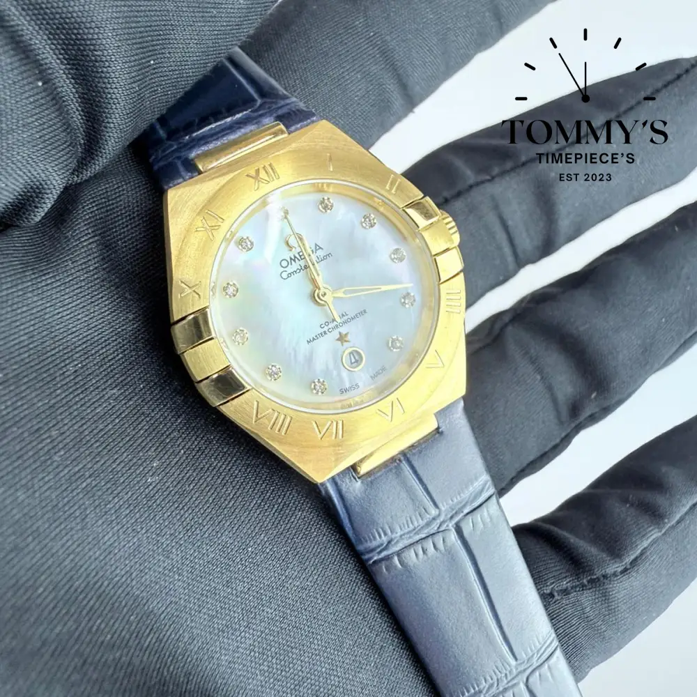 AAA+ Ladies Constellation Co-Axial Master Chronometer, 29mm Crystal White Silvery Dial-Leather Strap (Gold Bezel) - Image 2
