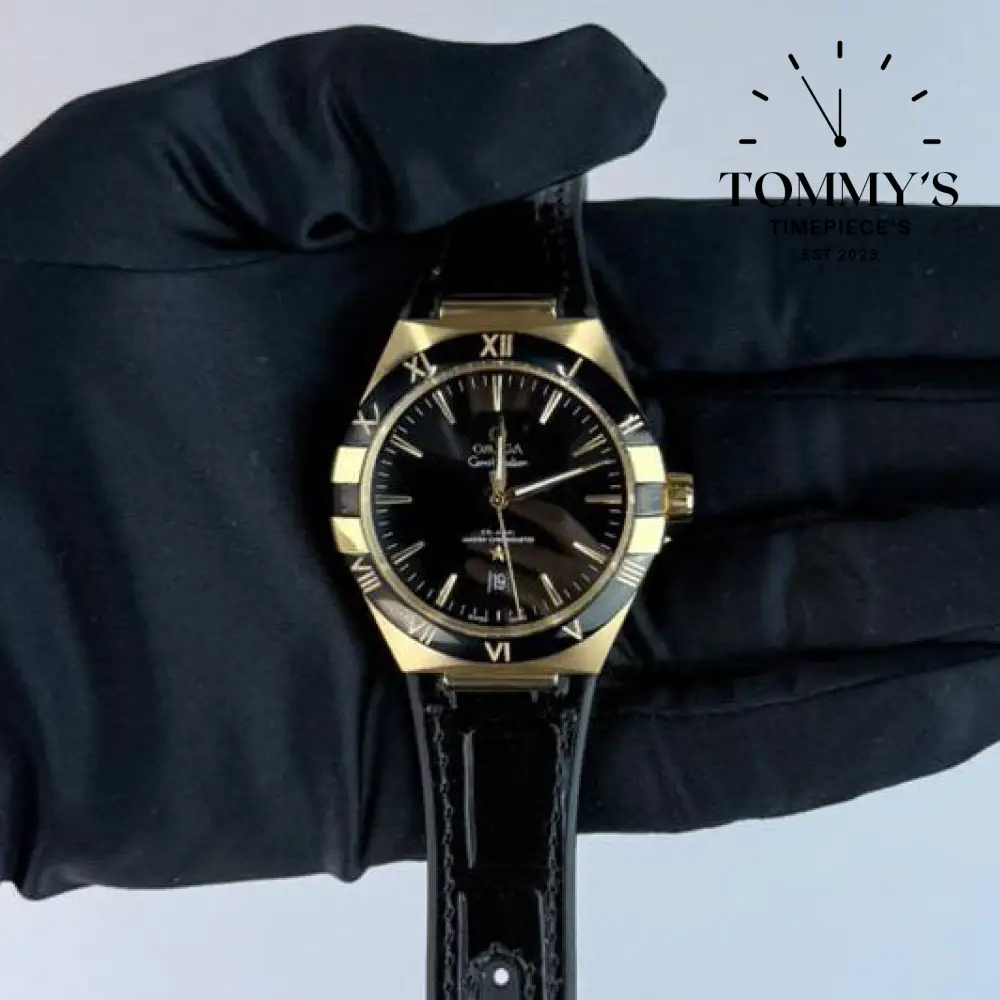 AAA+ Constellation Co-Axial Master Chronometer, 41mm Black Dial- Leather Strap (Gold Case & Black Bezel)