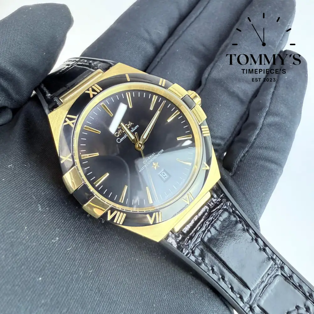 AAA+ Constellation Co-Axial Master Chronometer, 41mm Black Dial- Leather Strap (Gold Case & Black Bezel) - Image 2