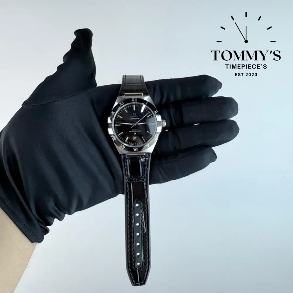 AAA+ Constellation Co-Axial Master Chronometer, 41mm Black Sun-Brushed Dial-Leather Strap (Black Ceramic Bezel)