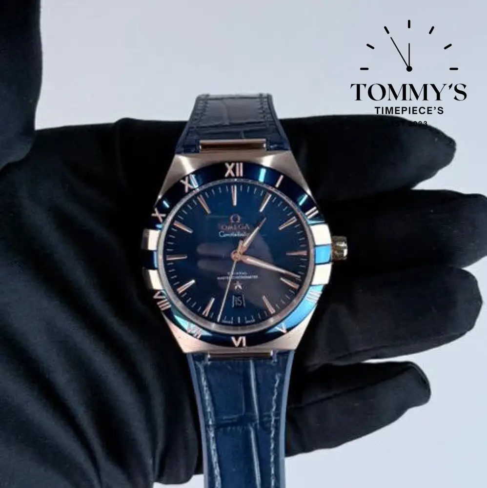 AAA+ Constellation Co-Axial Master Chronometer, 41mm Blue Dial- Leather Strap (Rose Gold Case & Blue Bezel)