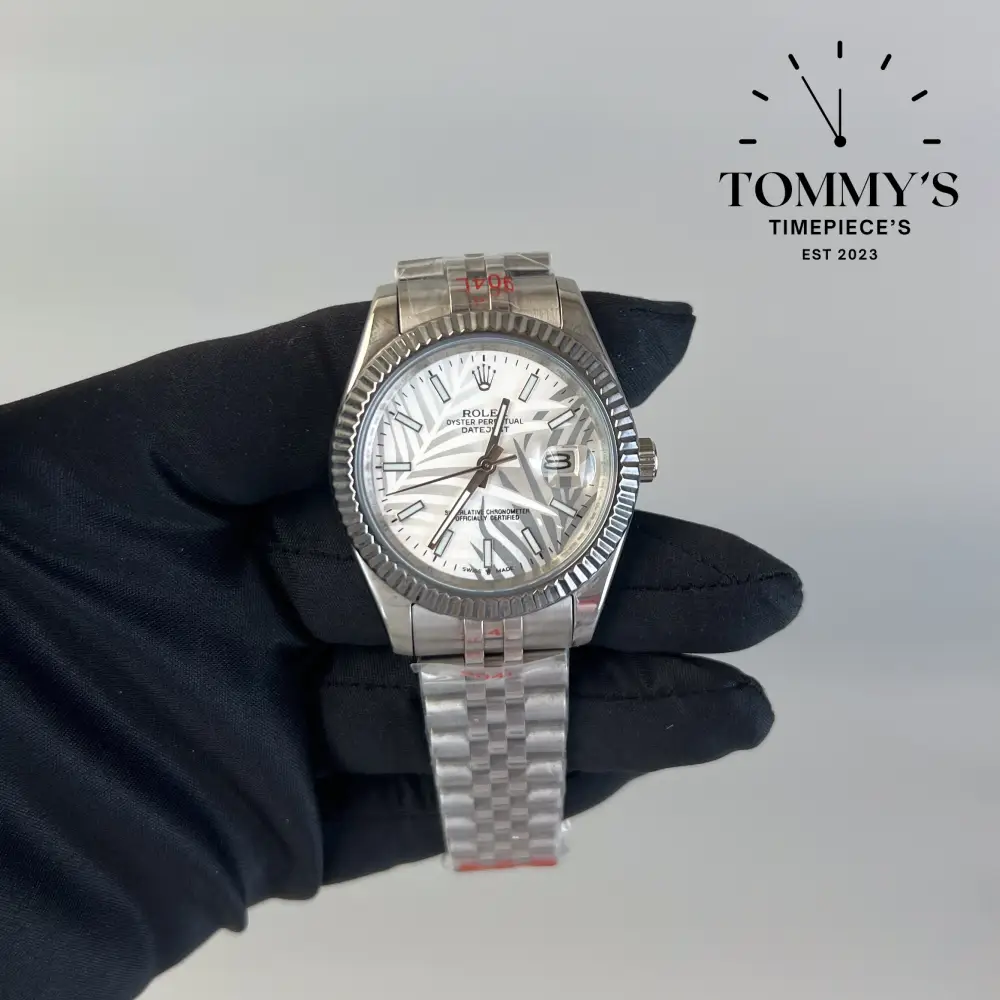 AAA+ Datejust, (M126234-0045) 41mm Silver Palm Dial-Jubilee Bracelet (Fluted Bezel)