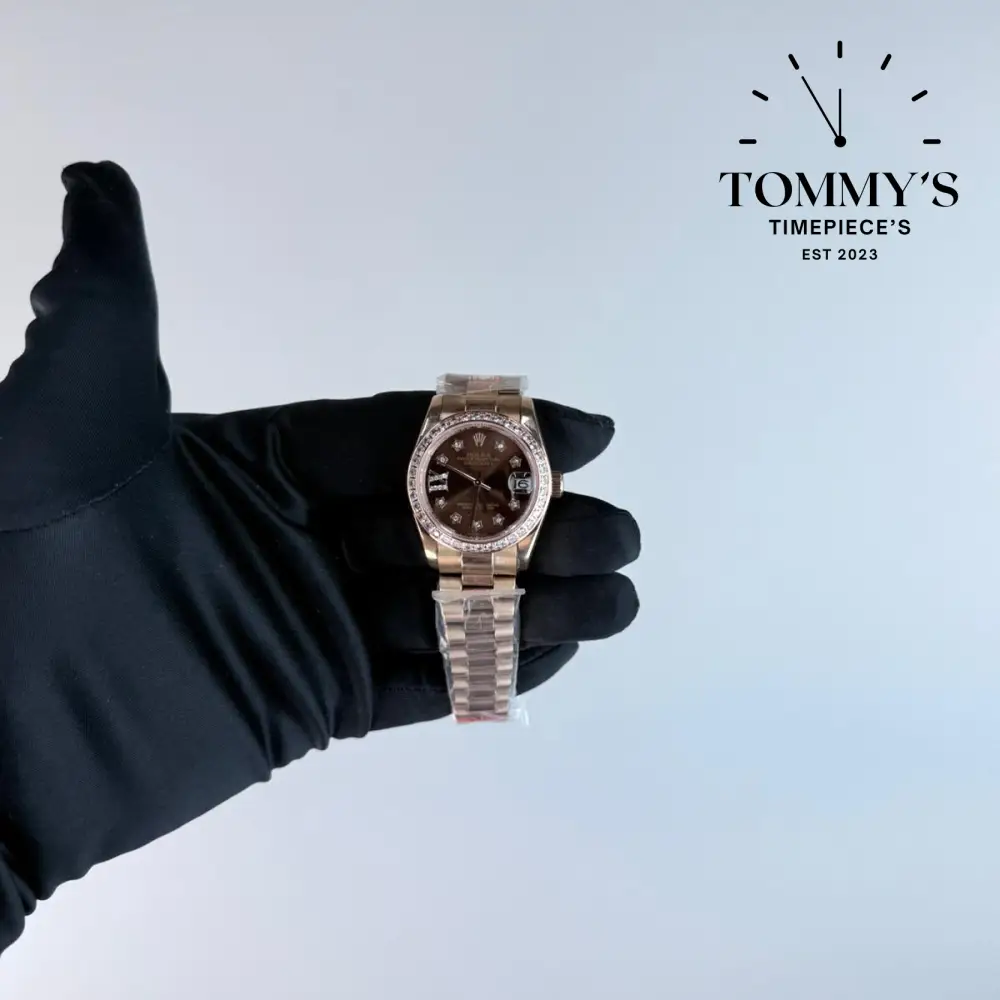 AAA+ Lady Datejust Everose Gold (279135RBR), 28mm Chocolate Dial-Presidential Bracelet (Factory-Set Diamond Bezel)