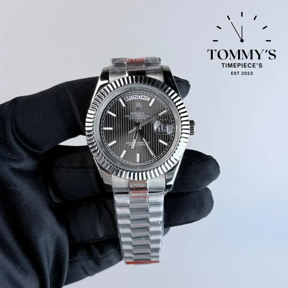 AAA+ Day Date, (228239-0002) 40mm Dark Rhodium Stripe Motif Dial-Presidential Bracelet (Fluted Bezel)