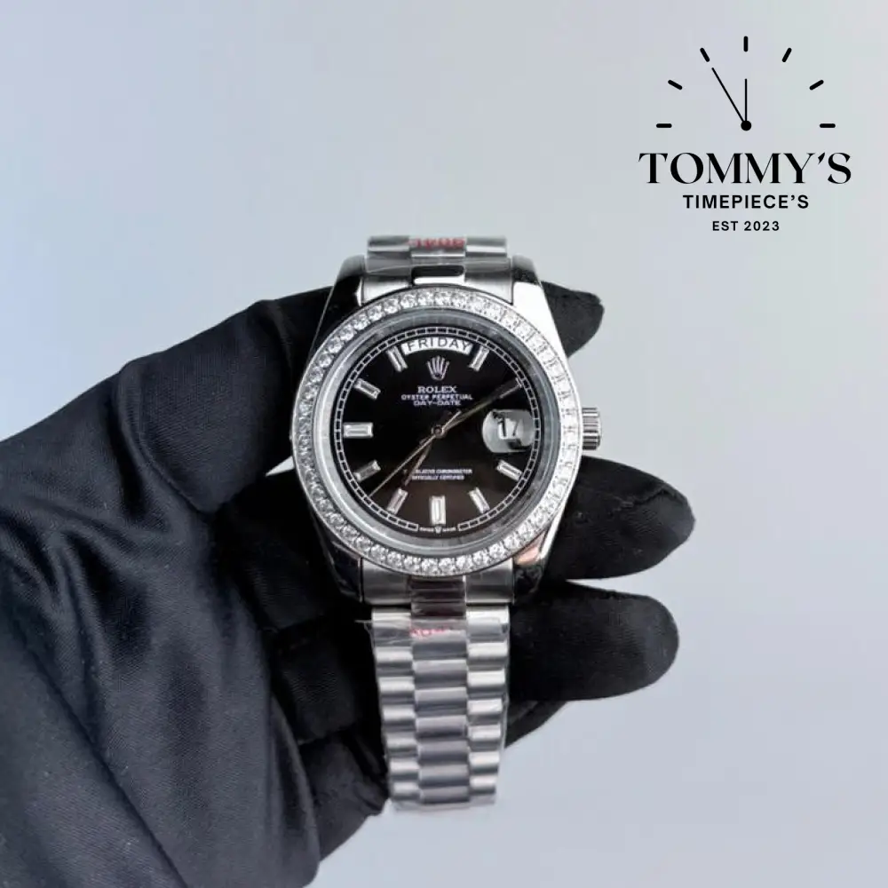 AAA+ Day Date, (228349RBR) 40mm Black Dial-Presidential Bracelet (Diamond Bezel)