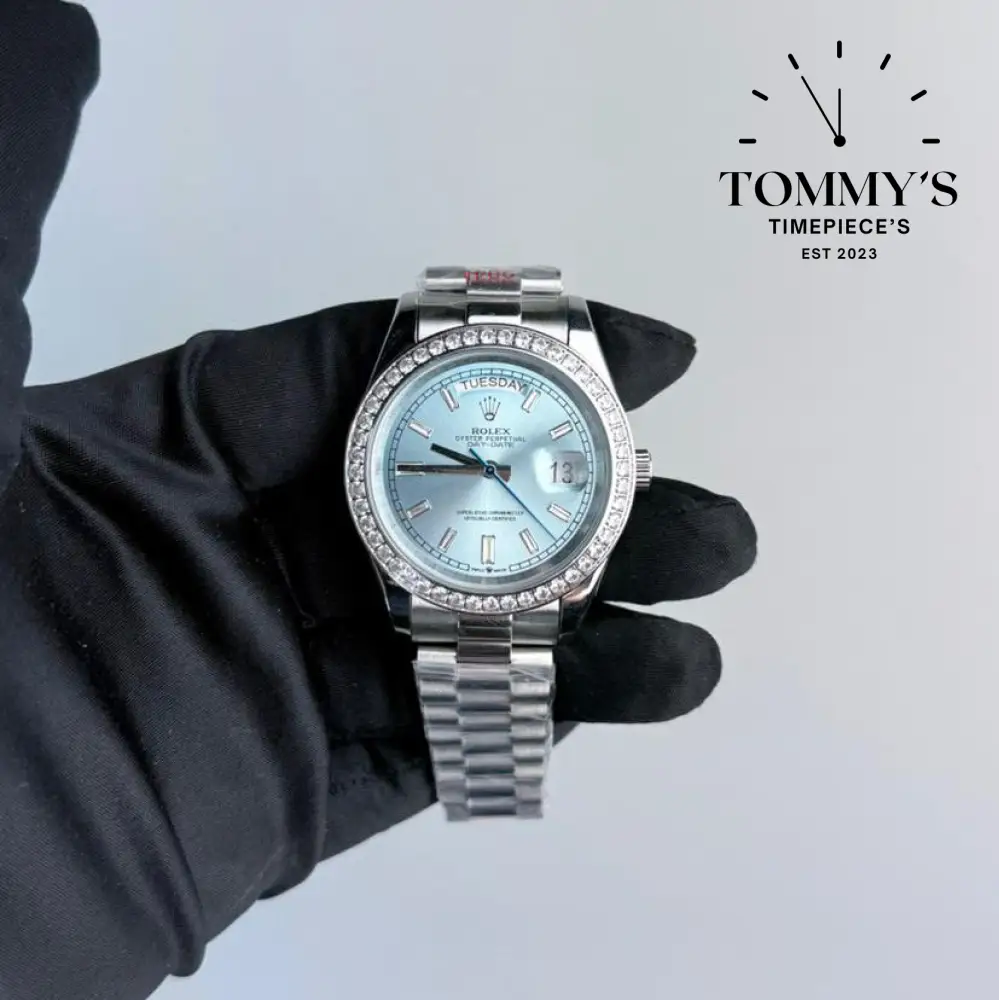 AAA+ Day Date, (228396TBR) 40mm Ice Blue Dial-Presidential Bracelet (Diamond Bezel)
