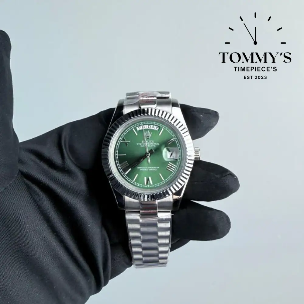 AAA+ Day Date, (M228239-0033) 40mm Green Dial-Presidential Bracelet (Fluted Bezel)