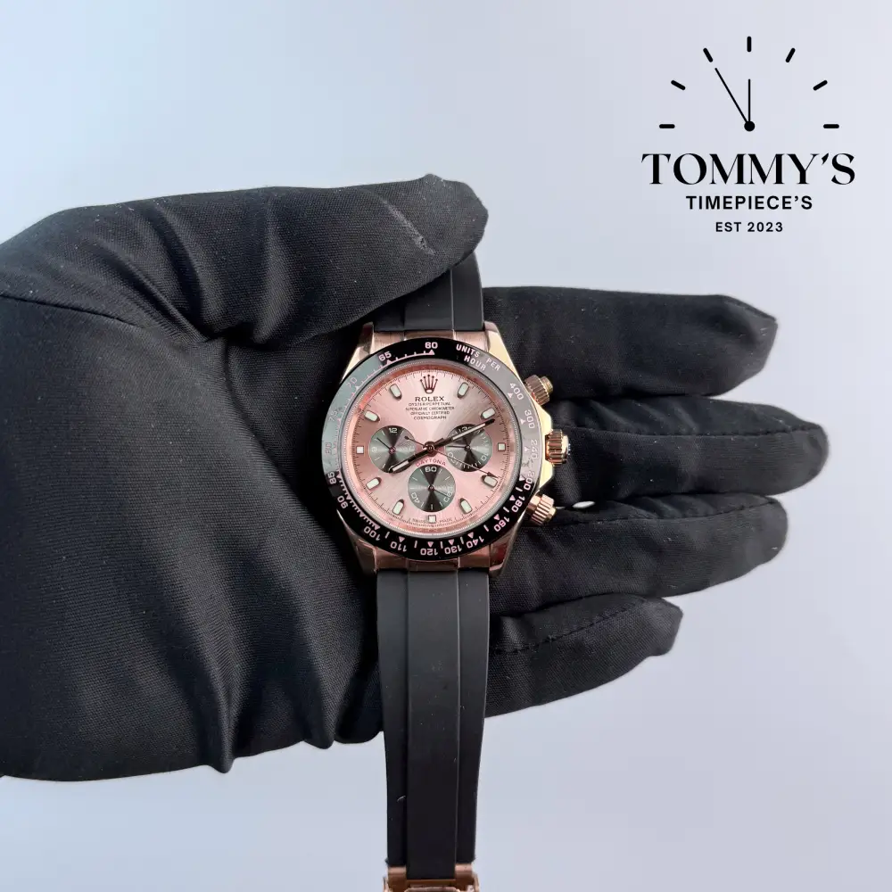 AAA+ Daytona, (116515LN) 40mm Rose Gold Dial-Rubber Strap (Black Bezel)