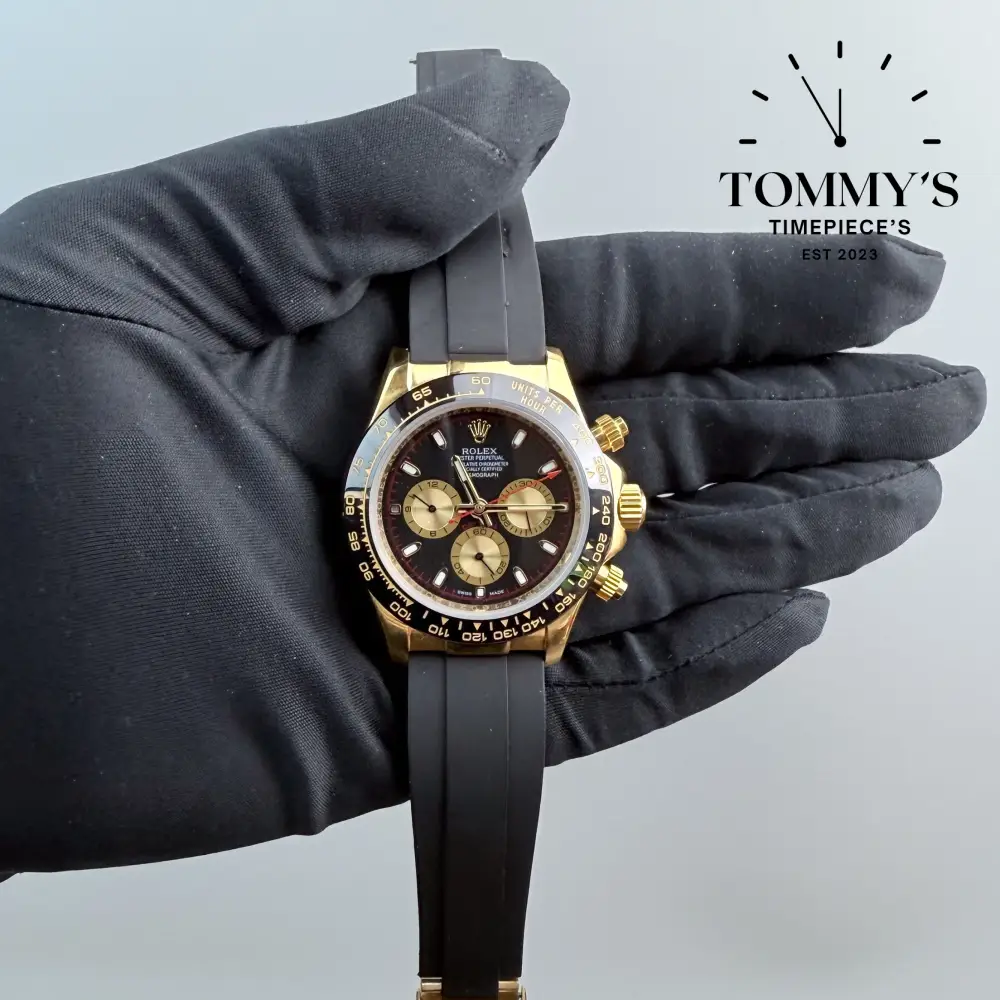 AAA+ Daytona (Yellow Gold), (126518LN) 40mm Black Dial-Rubber Strap (Black Ceramic Bezel)