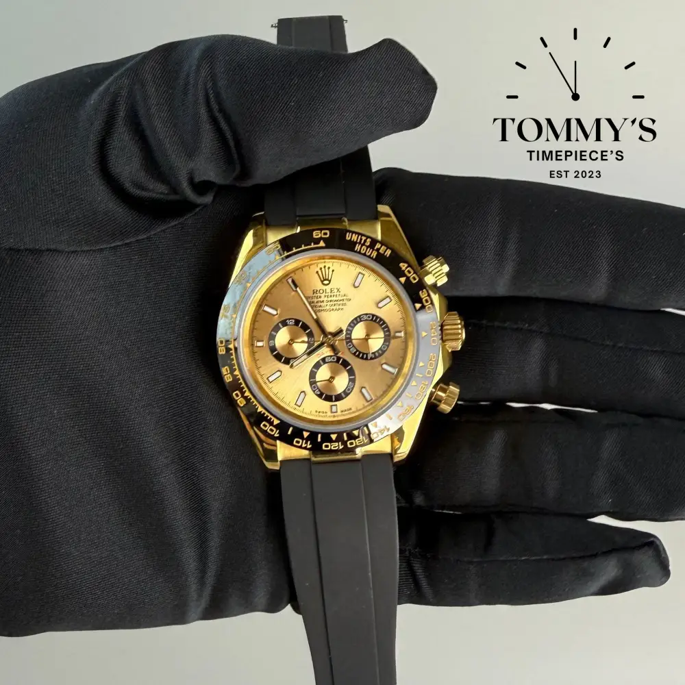 AAA+ Daytona, (126518LN) 40mm Yellow Gold Dial-Rubber Strap (Black Monobloc Ceramic Bezel)