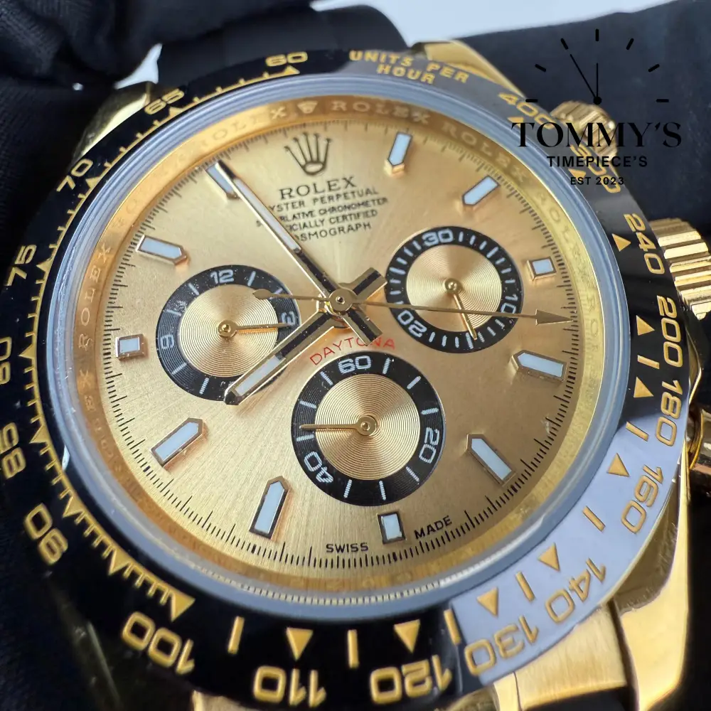 AAA+ Daytona, (126518LN) 40mm Yellow Gold Dial-Rubber Strap (Black Monobloc Ceramic Bezel) - Image 2