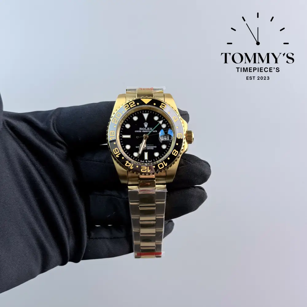 AAA+ GMT Master 2 (Full Gold), (116718LN) 40mm Black Dial-Oyster Bracelet (Black Bezel)