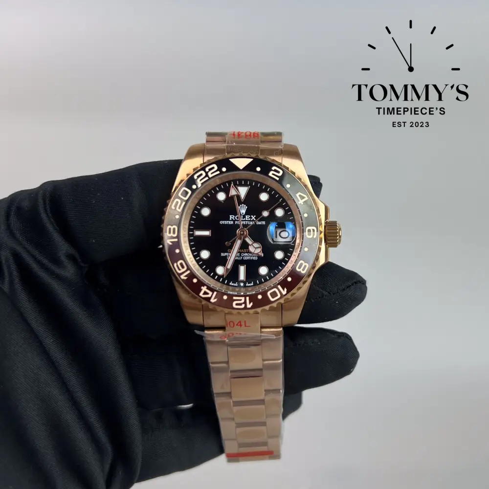 AAA+ GMT Master 2 Root Beer, (126715CHNR) 40mm Black Dial-Oyster Bracelet (Rose Gold Bezel)
