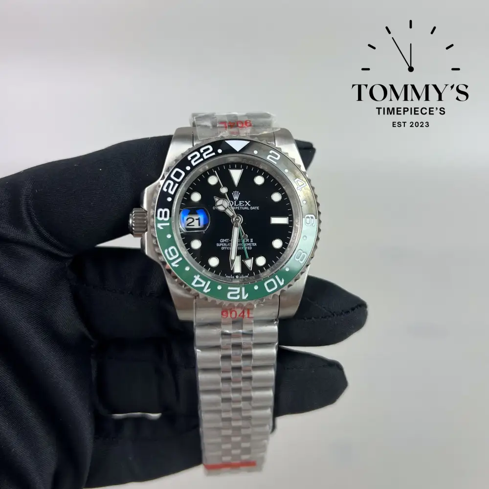 AAA+ GMT Master 2 Sprite (left handed), (126720VTNR) 40mm Black Dial-Jubilee Bracelet (Black Green Bezel)