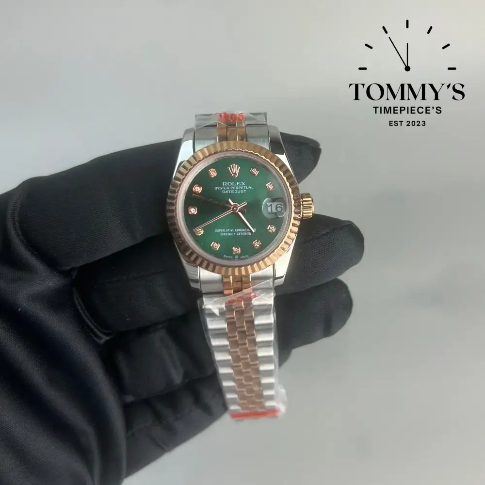 AAA+ Ladies Datejust, (279381RBR) 28mm Olive Green Dial-Jubilee Bracelet (Bimetal Everose Gold Bezel)