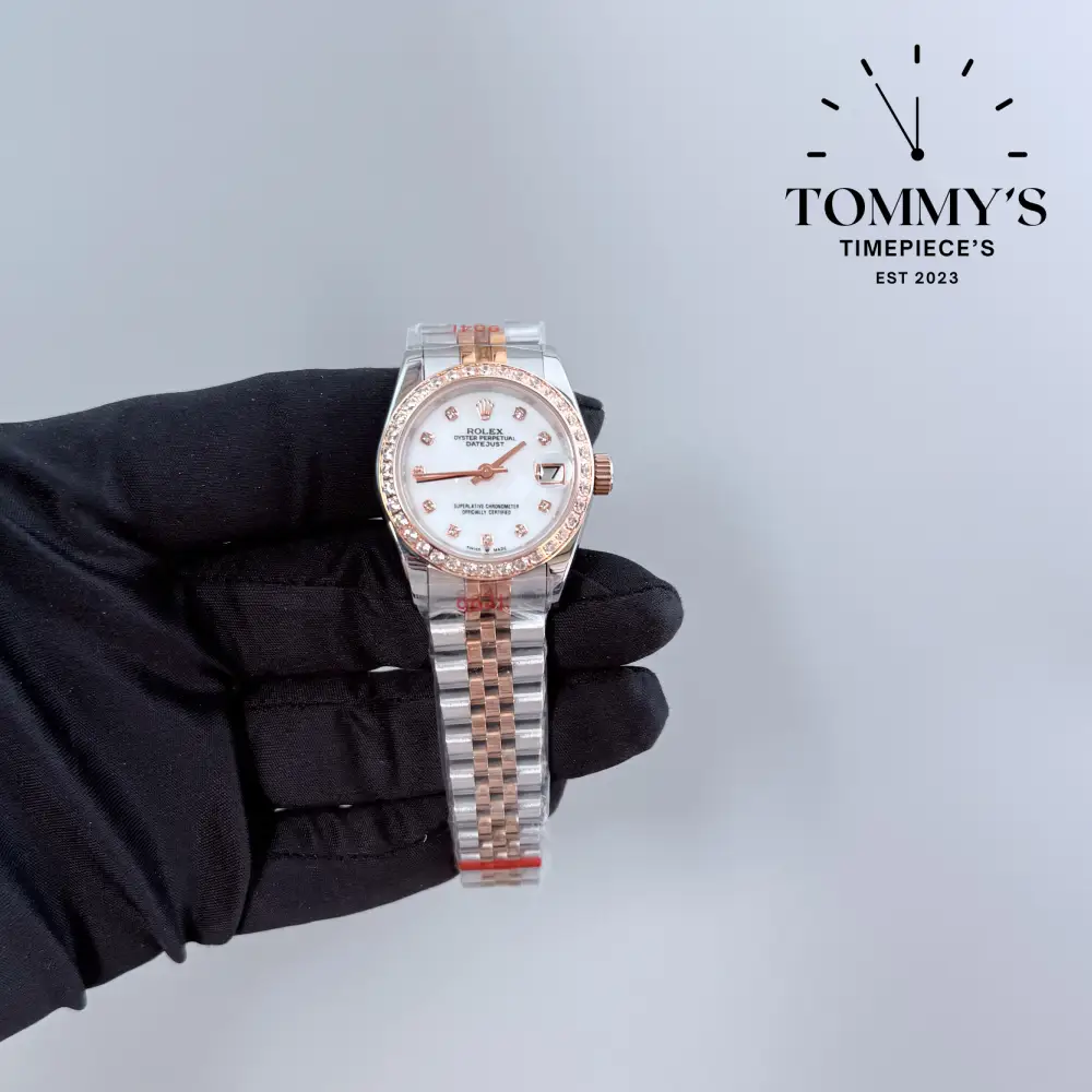 AAA+ Ladies Datejust (Bimetal Rose Gold), (178271 ) 28mm White Dial-Jubilee Bracelet (Diamond Bezel)