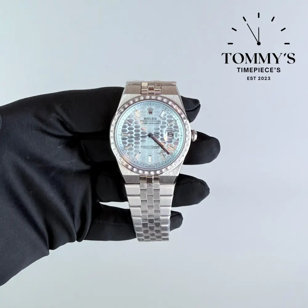 AAA+ Land Dweller, (127386tbr-0001) 40mm  Light Blue Honeycomb-Motif-Flat-Jubilee Bracelet (Diamond-Set Bezel)