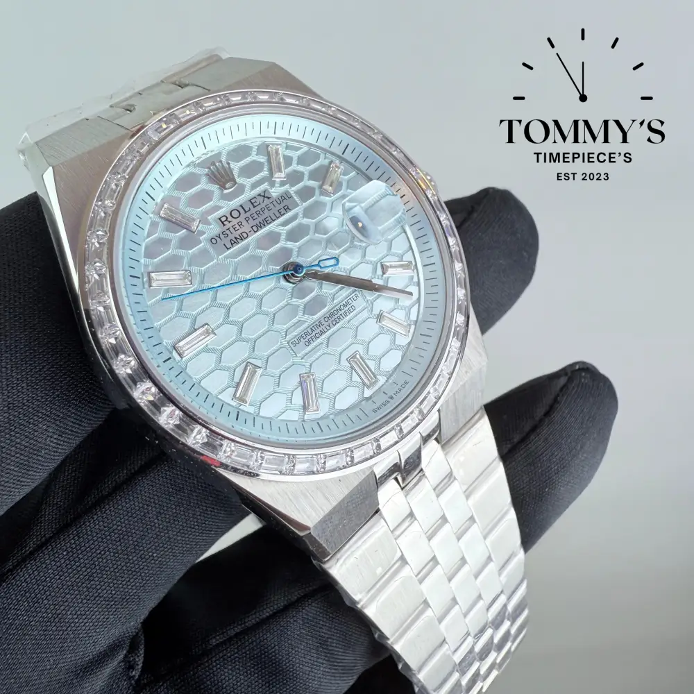 AAA+ Land Dweller, (127386tbr-0001) 40mm  Light Blue Honeycomb-Motif-Flat-Jubilee Bracelet (Diamond-Set Bezel) - Image 2