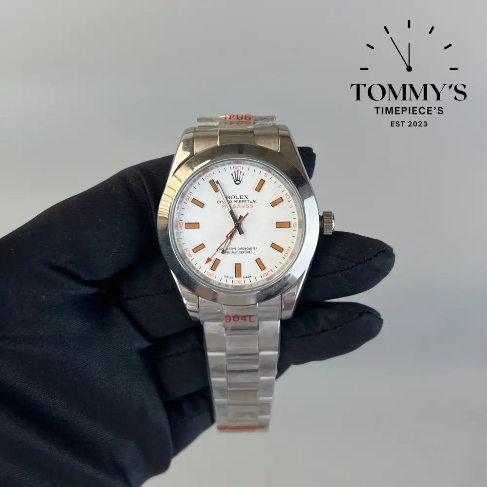 AAA+ Milgauss, (116400) 40mm White Dial Orange Accents-Oyster Bracelet (Smooth Bezel)