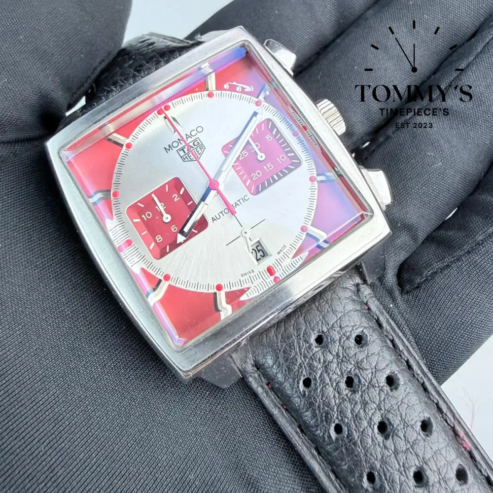 Clone Monaco Grand Prix de Monaco Historique Limited Edition (CBL2114.FC6486), 39mm Red Silver Dial-Leather Strap (Silver Bezel) - Image 2