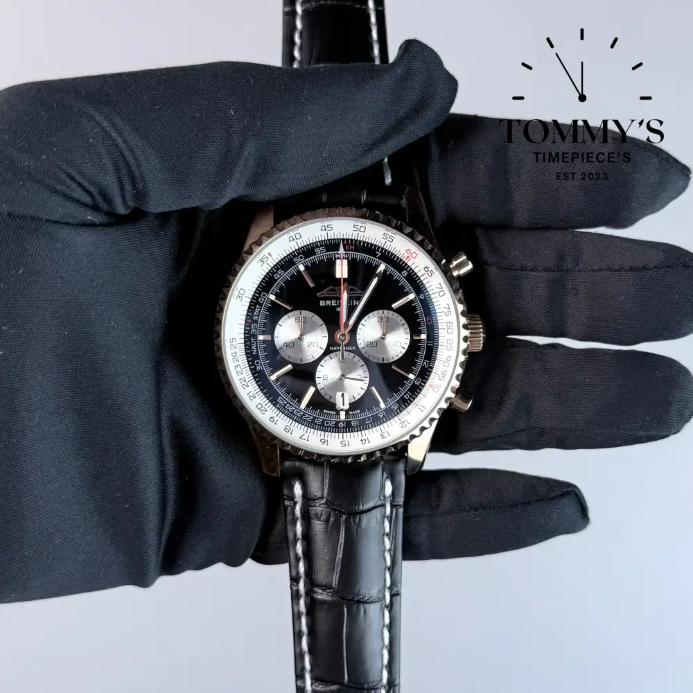 AAA+ Navitimer B01 Chronograph, 43mm Black Dial - Leather Strap (Stainless Steel)