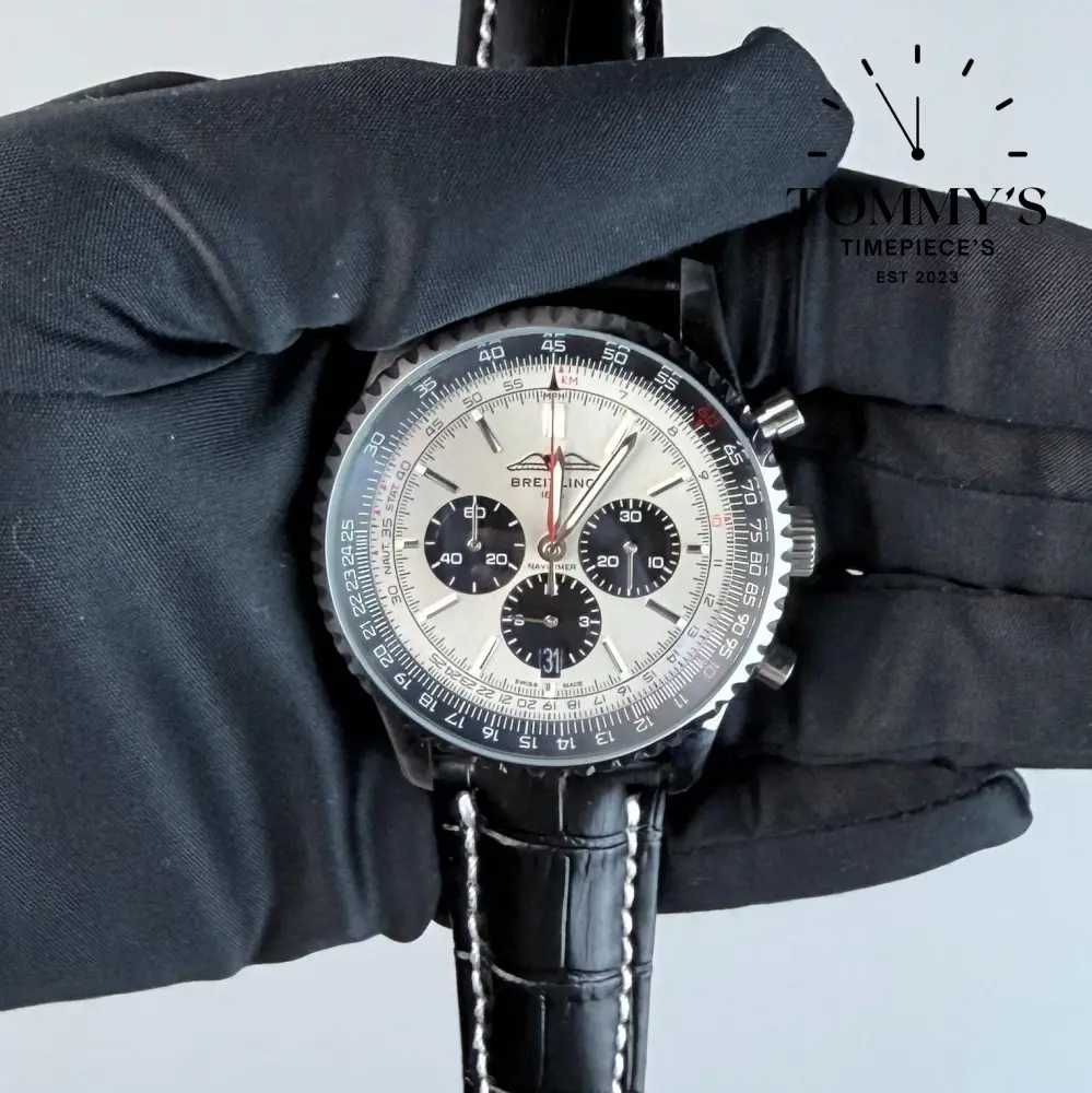 AAA+ Navitimer B01 Chronograph 43mm, Silver Dial - Leather Strap (Stainless Steel)