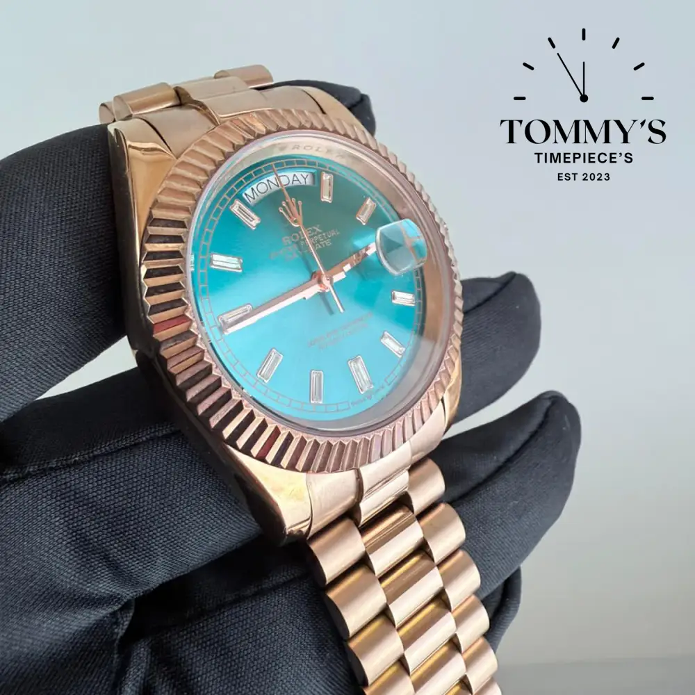 AAA+ Day Date Turquoise, (PD1783) 40mm Turquoise Blue Dial-Presidential Bracelet (Rose Gold Fluted Bezel) - Image 4