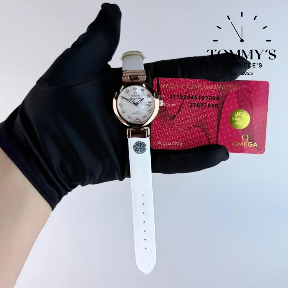 AAA+ Omega De Ville Ladymatic Co-Axial chronometer, 34mm White Mother-Of-Pearl Dial- White Leather Strap (Roes Gold Bezel)
