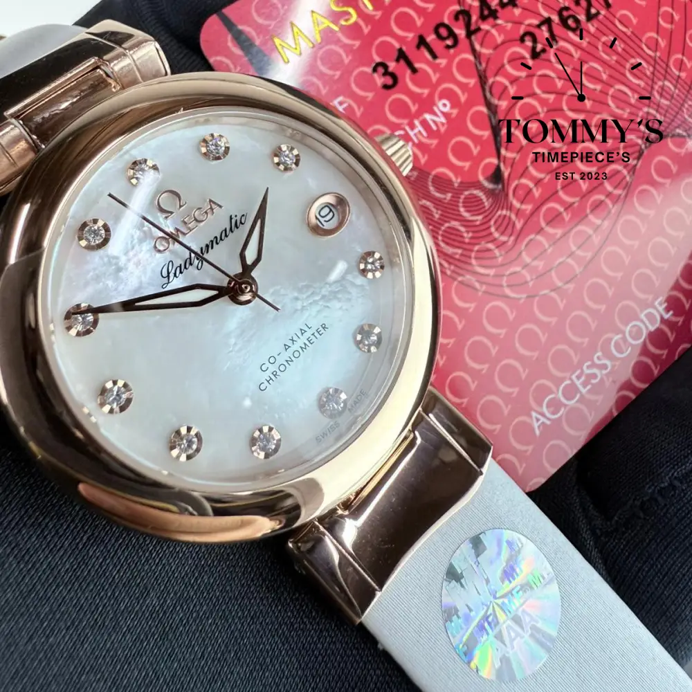 AAA+ Omega De Ville Ladymatic Co-Axial chronometer, 34mm White Mother-Of-Pearl Dial- White Leather Strap (Roes Gold Bezel) - Image 2