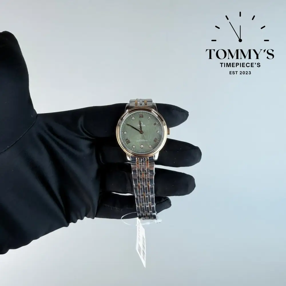 AAA+ Ladies De Ville Prestige Co-Axial Master Chronometer, 34mm PVD Matcha Green Dial-Stainless Steel Bracelet (Gold Bezel)