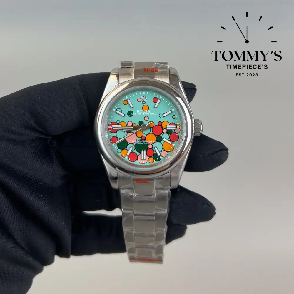AAA+ Oyster Perpetual, (124300) 41mm Turquoise Blue "Celebration Motif" Dial-Oyster Bracelet (Smooth Domed Bezel)