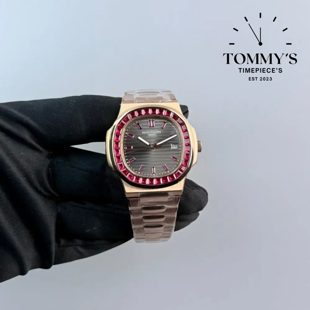 Clone Rose Gold Nautilus, 41mm Grey Dial-Steel Bracelet (Diamond Bezel)