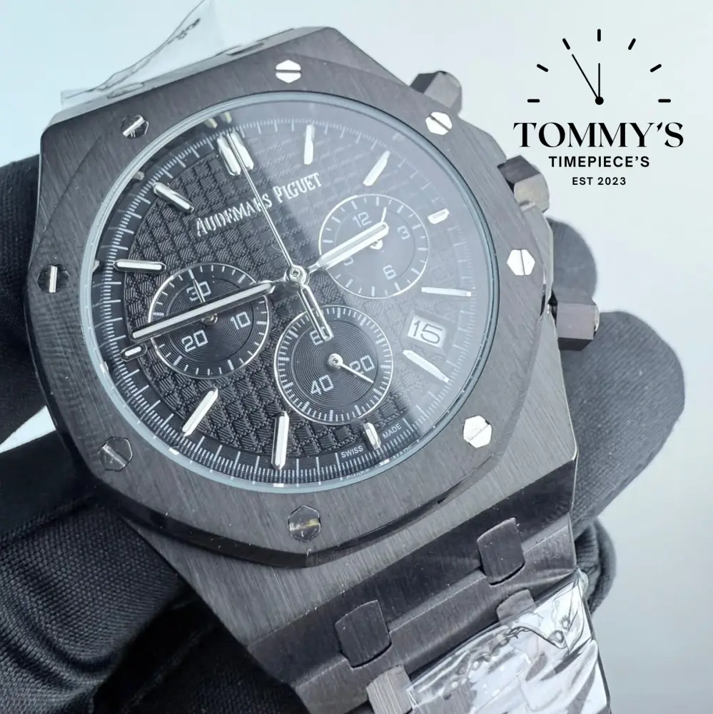 AAA+ Royal Oak Chronograph, 41mm Black "Grande Tapisserie" Dial-Steel Bracelet  (Black Bezel) - Image 2