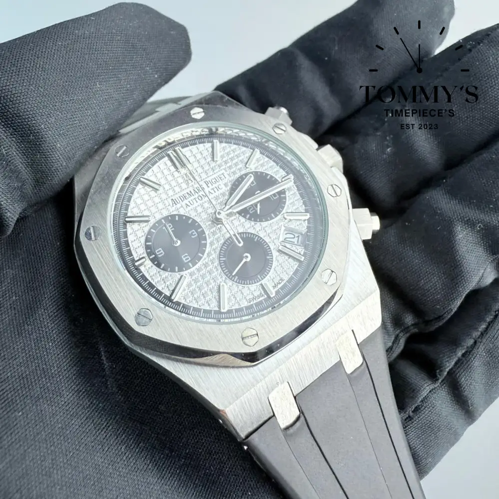 AAA+ Royal Oak Chronograph, 41mm Blue "Grande Tapisserie" Dial-Rubber Strap (White Bezel) - Image 2