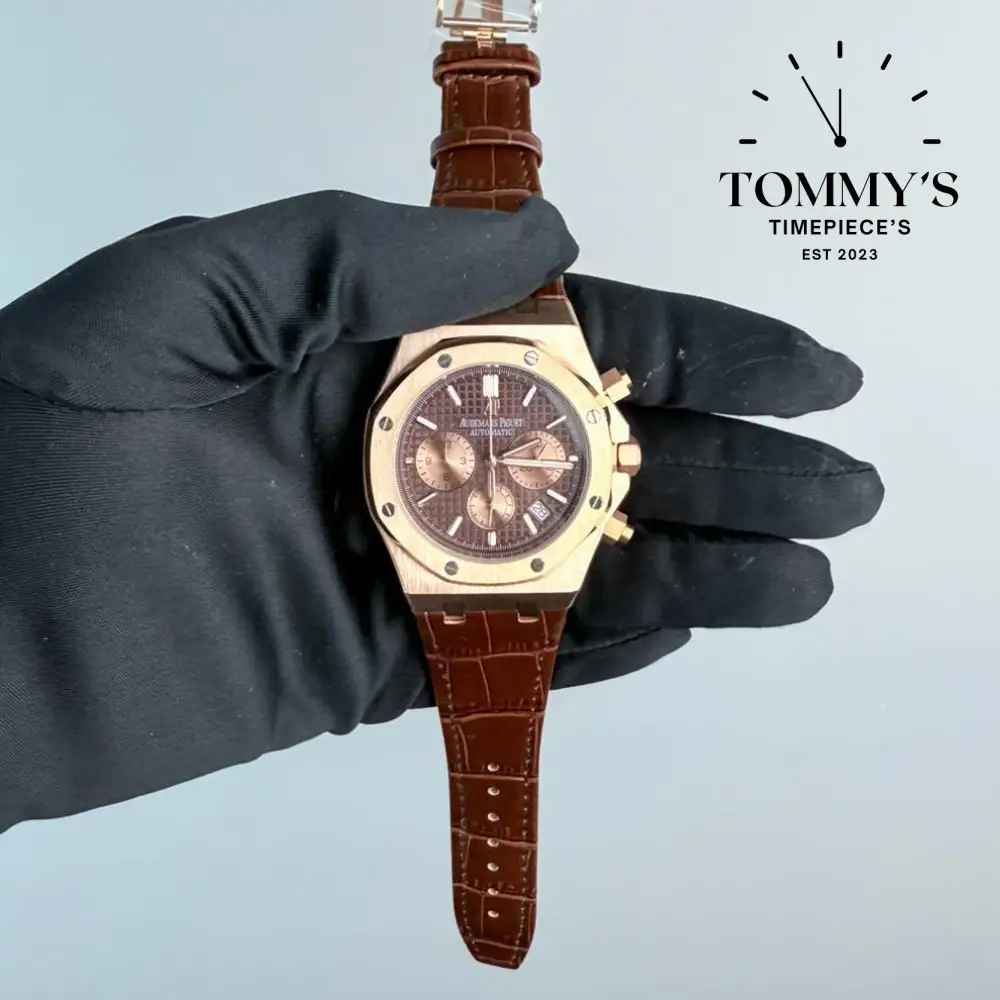 AAA+ Royal Oak Chronograph, 41mm Chocolate "Grande Tapisserie" Dial-Leather Strap (Gold Bezel)