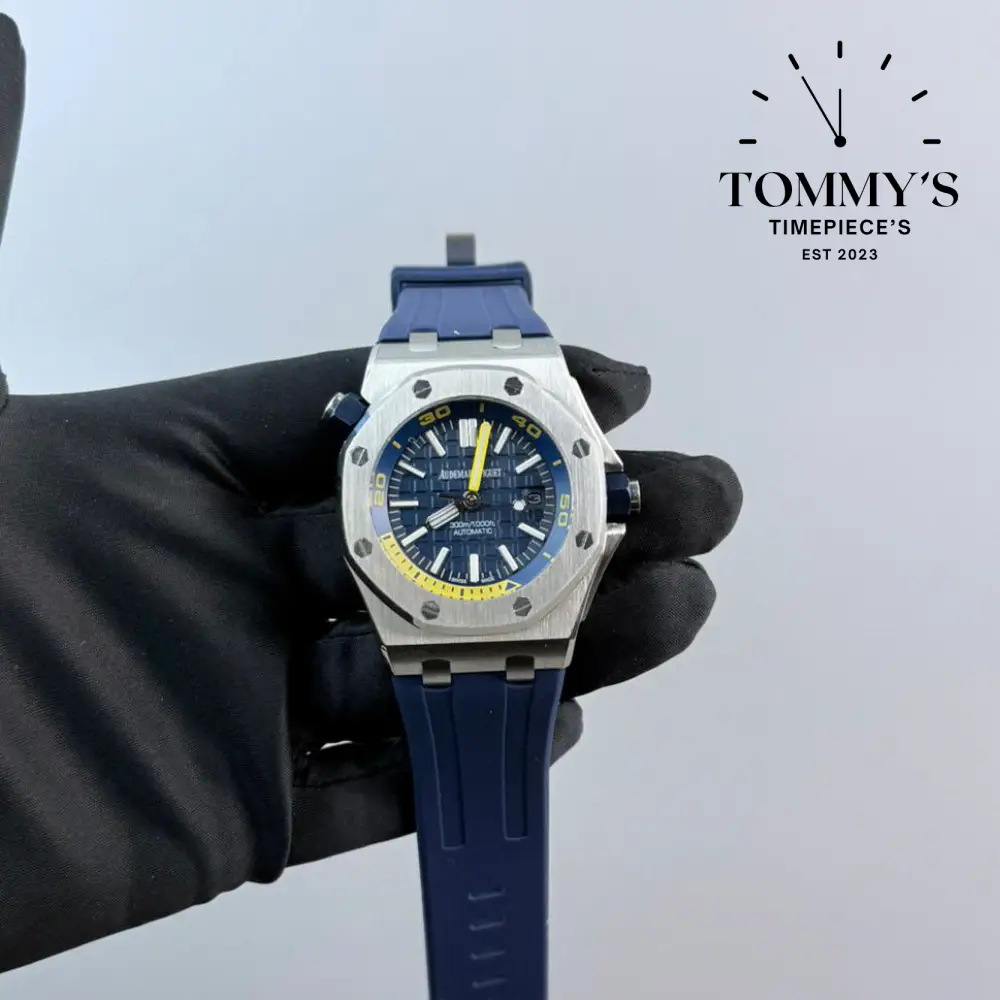 Clone Royal Oak Offshore, 42mm Blue Dial-Rubber Strap (Silver-Colored Bezel)