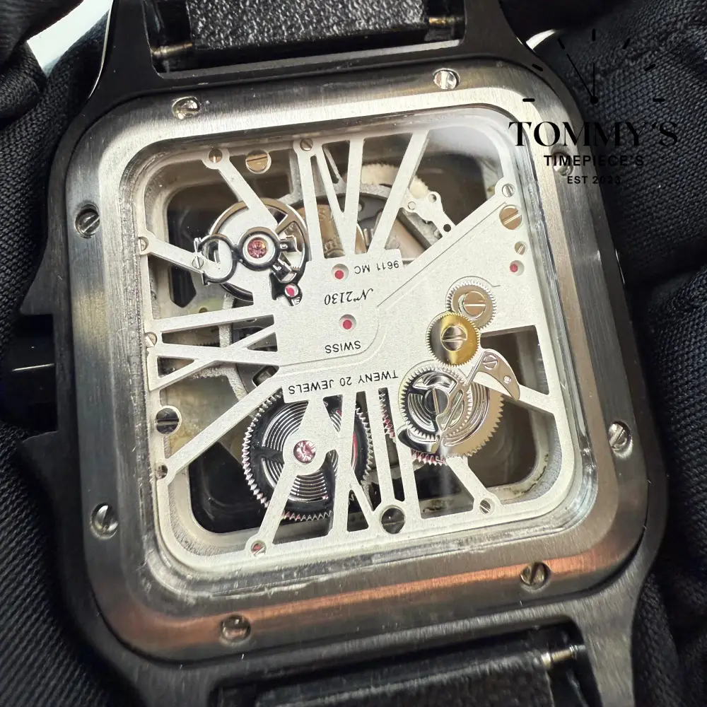 AAA+ Skeleton Santos,39.8mm Skeletonized Dial-Leather Strap (Black Bezel) - Image 3