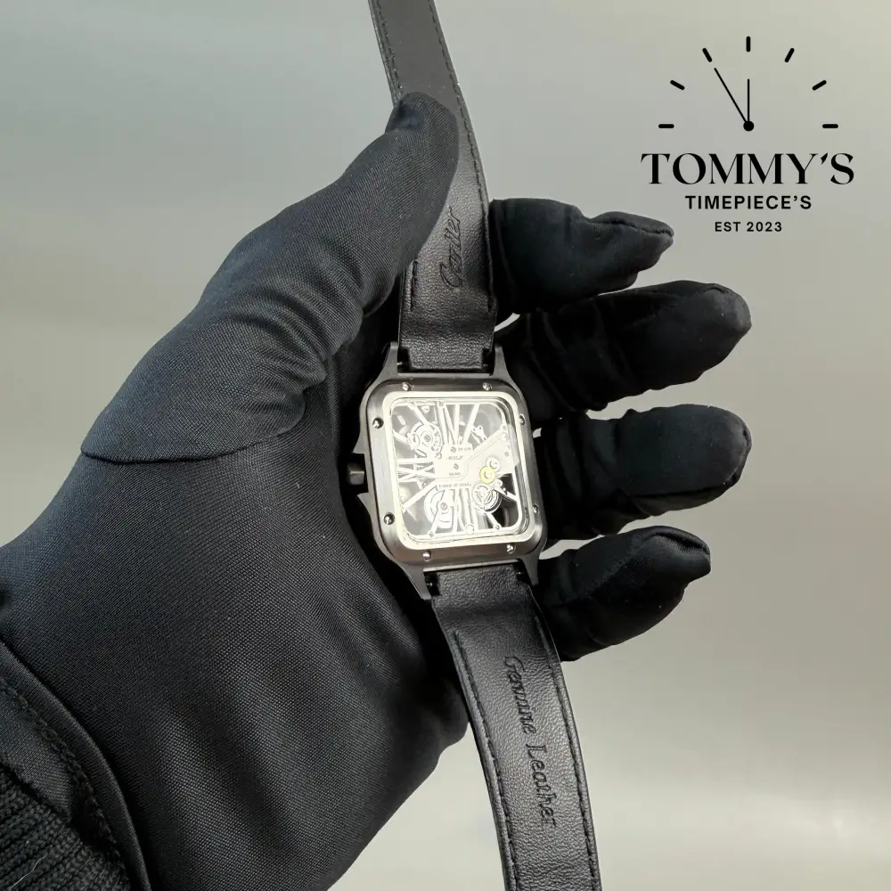 AAA+ Skeleton Santos,39.8mm Skeletonized Dial-Leather Strap (Black Bezel) - Image 4