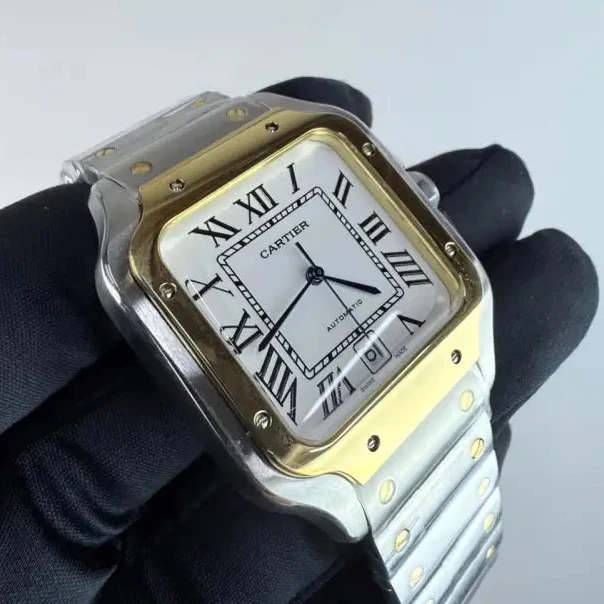 AAA+ Santos (Large Model), 39.8mm White Dial-Stainless Steel Bracelet (Yellow Gold Bezel) - Image 2